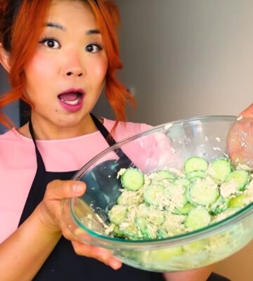 Rose at Cheap Lazy Vegan making cucumber salad from TikTok viral recipes
