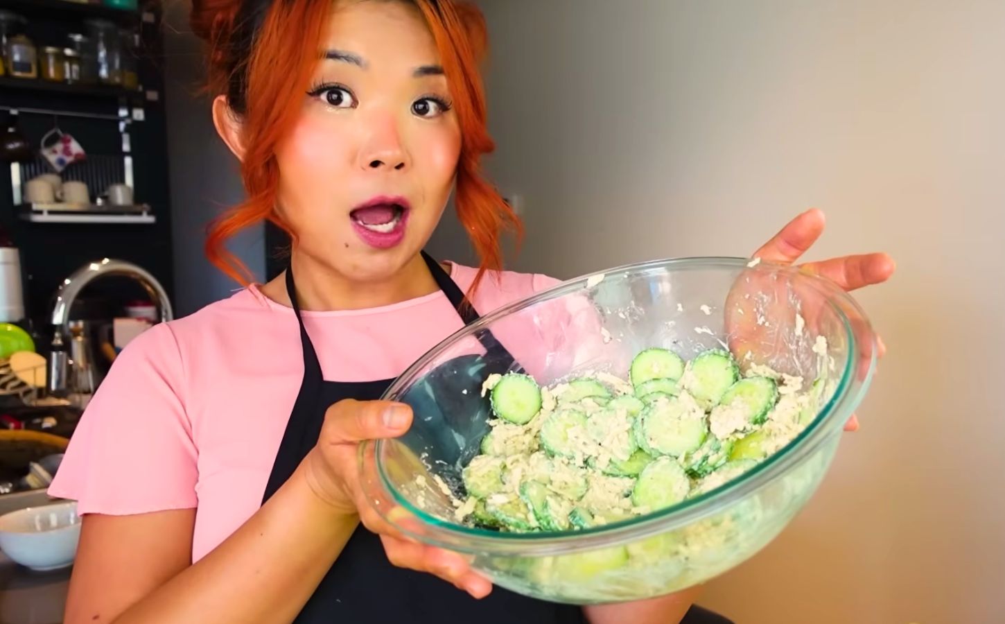Rose at Cheap Lazy Vegan making cucumber salad from TikTok viral recipes