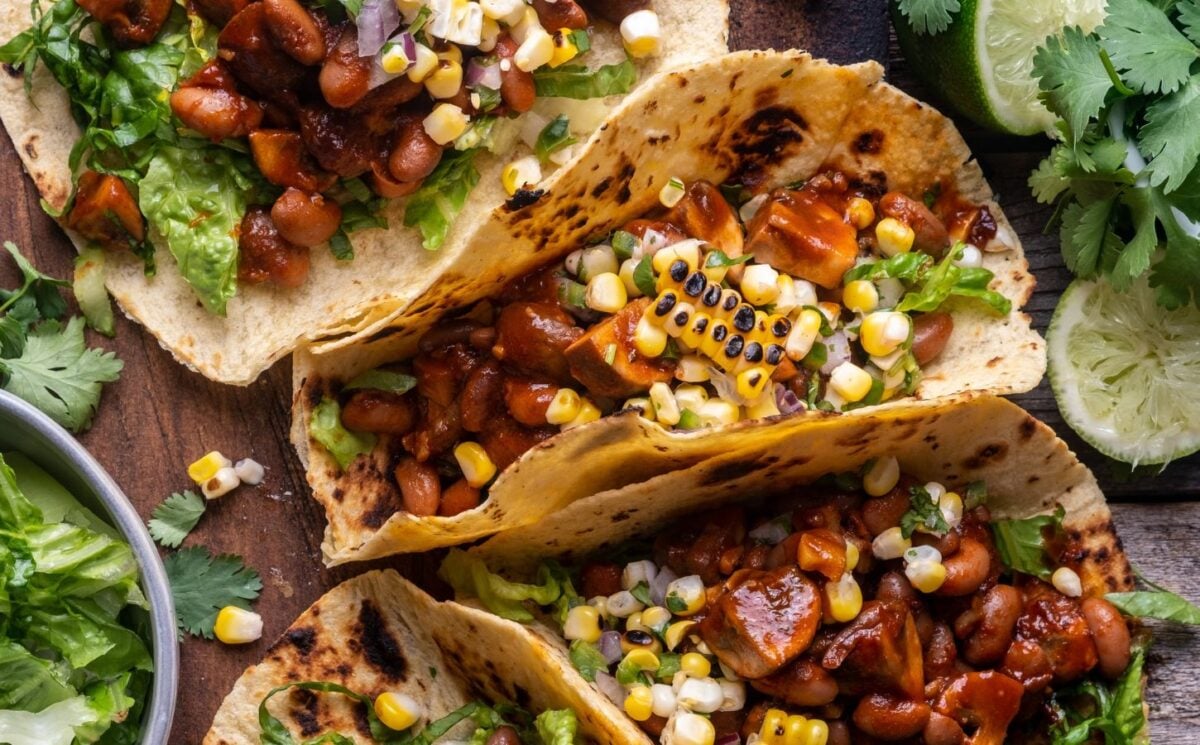 chipotle BBQ mushroom tacos with charred corn salsa for vegan recipes better than takeout