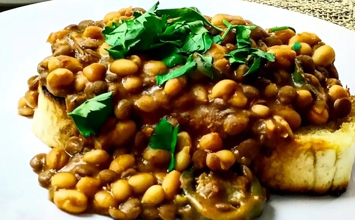 dirty beans on toast with spicy jalapenos and BBQ sauce
