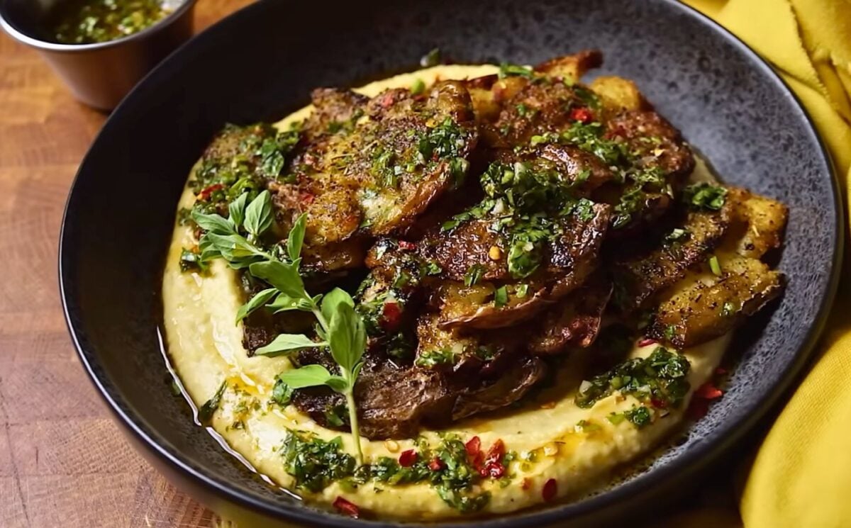 Andrew Bernard's easy chimichurri smashed potatoes with hummus