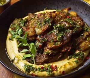 Andrew Bernard's easy chimichurri smashed potatoes with hummus