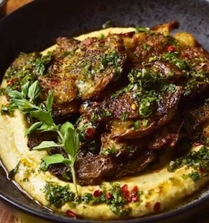 Andrew Bernard's easy chimichurri smashed potatoes with hummus