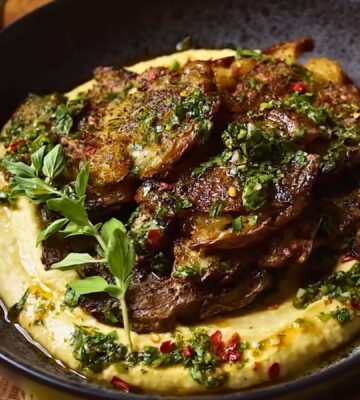 Andrew Bernard's easy chimichurri smashed potatoes with hummus
