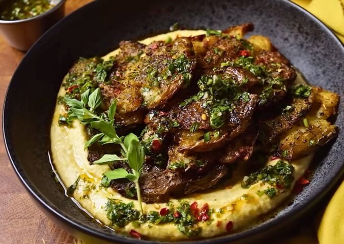 Andrew Bernard's easy chimichurri smashed potatoes with hummus
