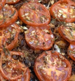 An eggplant and tomato gratin featuring frozen tofu