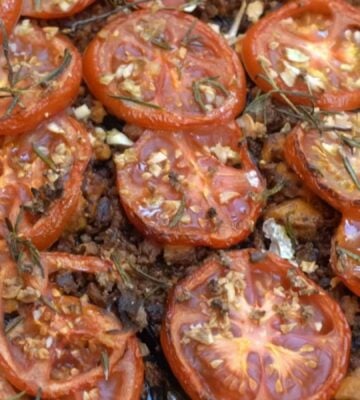 An eggplant and tomato gratin featuring frozen tofu