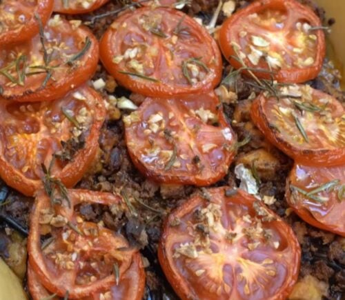 An eggplant and tomato gratin featuring frozen tofu