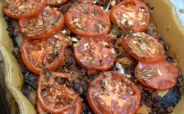 An eggplant and tomato gratin featuring frozen tofu