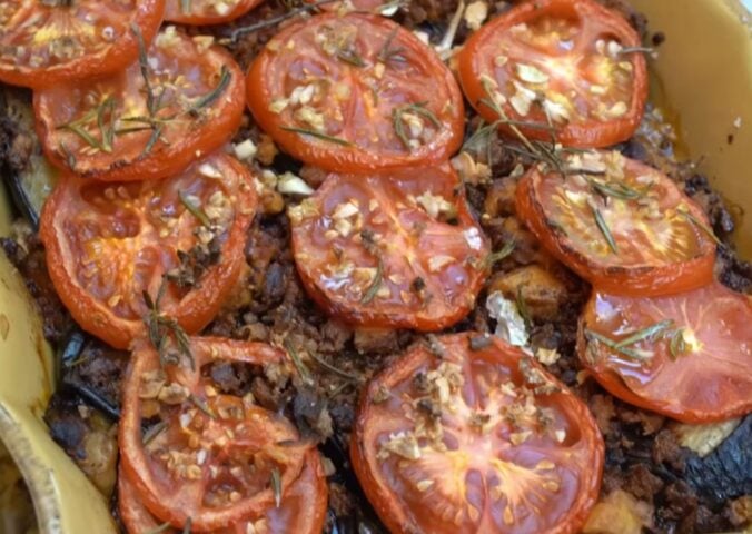 An eggplant and tomato gratin featuring frozen tofu