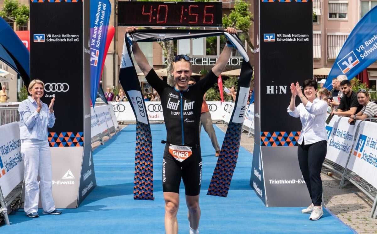 Vegan triathlete Max Hoffmann after winning a race