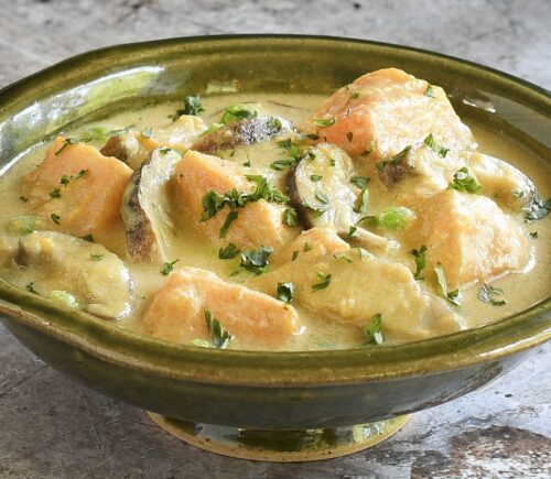green curry sweet potatoes with shiitake mushrooms