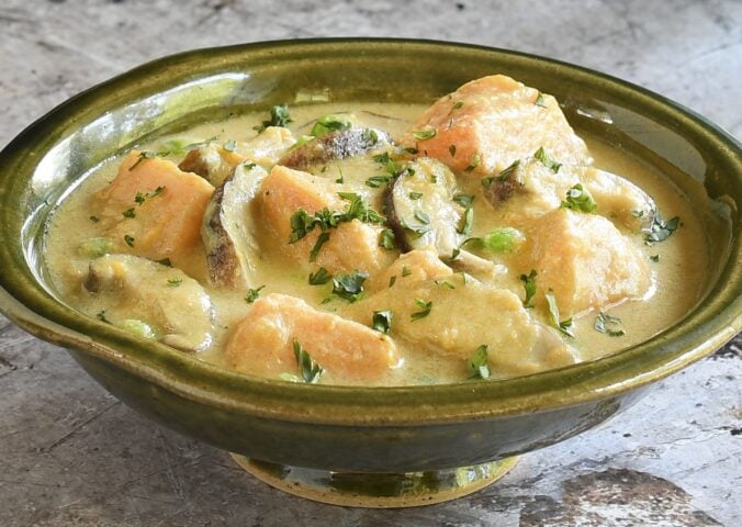 green curry sweet potatoes with shiitake mushrooms