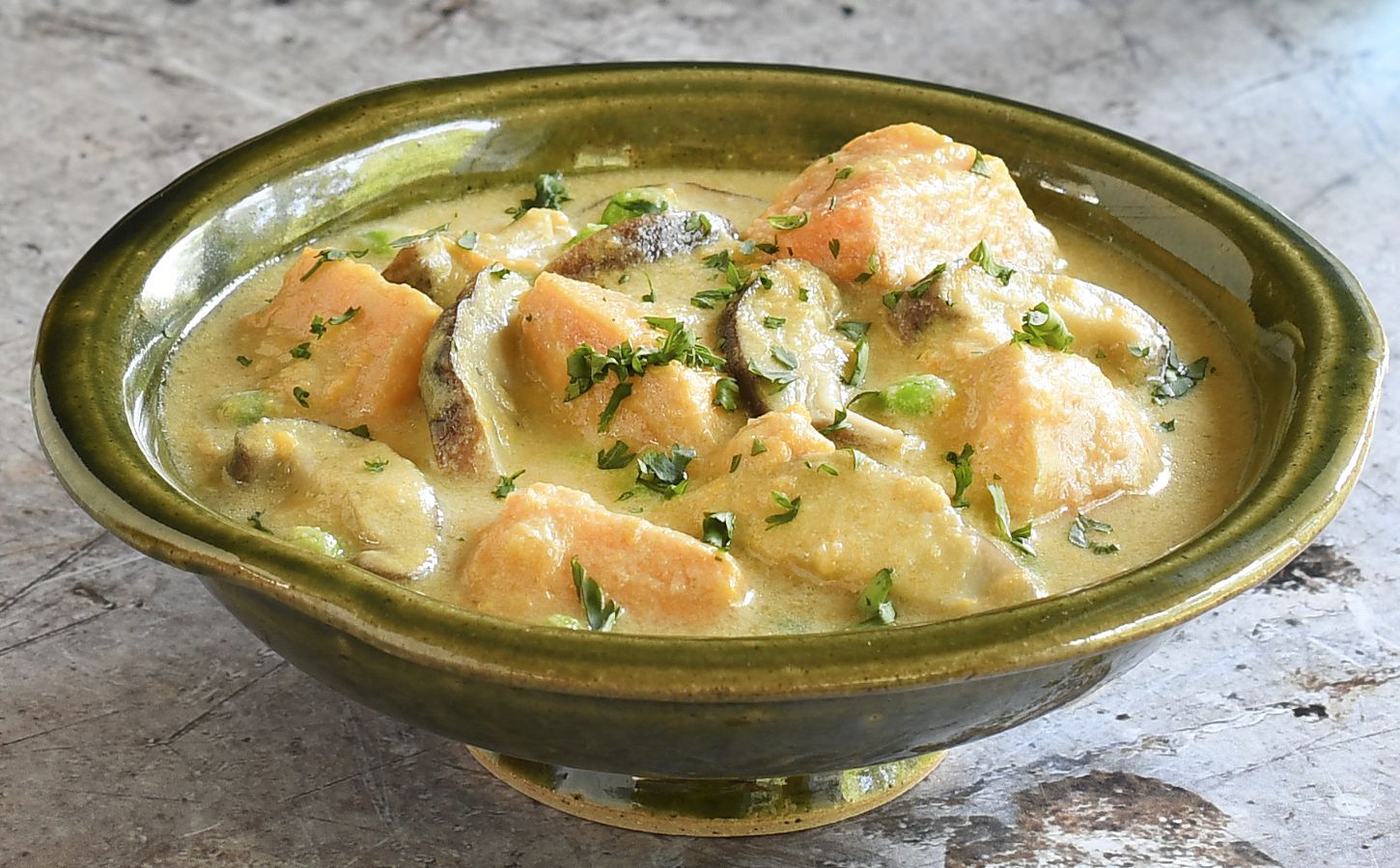 green curry sweet potatoes with shiitake mushrooms