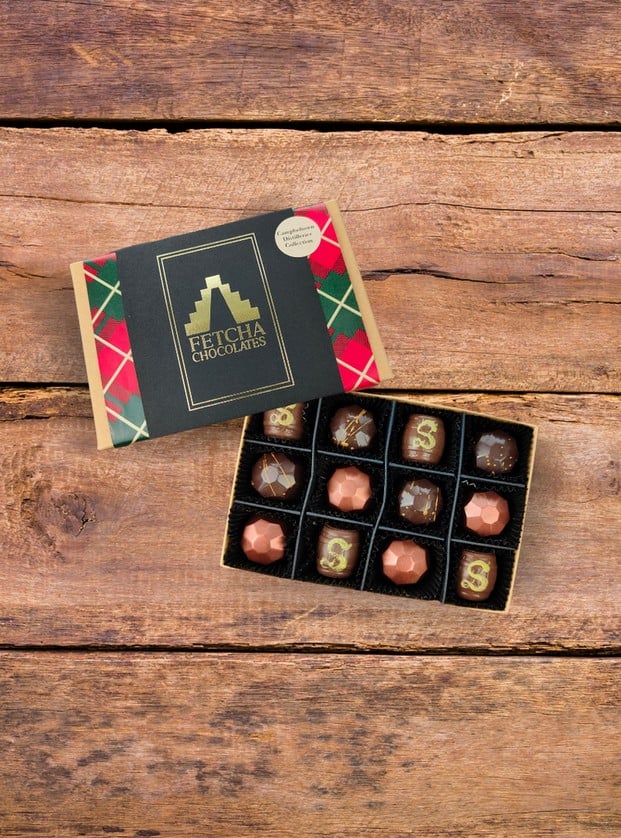 Photo shows a box of vegan chocolates from Fetcha Chocolates in Scotland