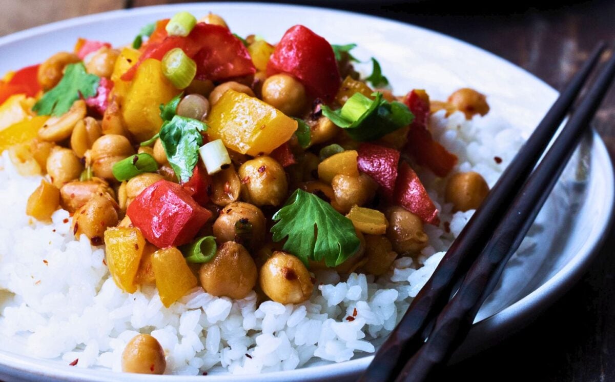 gluten-free kung pao chickpeas with a sweet and sour sauce