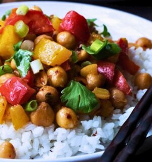 gluten-free kung pao chickpeas with a sweet and sour sauce
