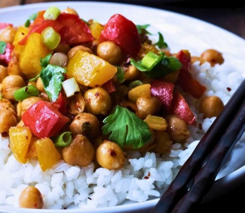 gluten-free kung pao chickpeas with a sweet and sour sauce