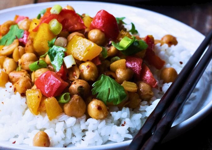 gluten-free kung pao chickpeas with a sweet and sour sauce