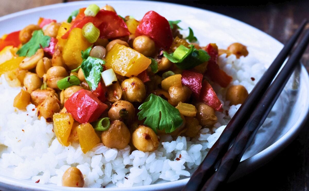 gluten-free kung pao chickpeas with a sweet and sour sauce for vegan recipes better than takeout