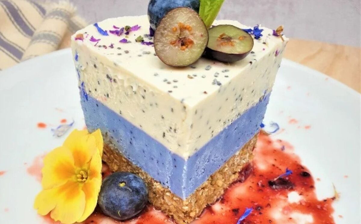 a layered lemon and blueberry cheesecake for dairy-free vegan cheesecake recipes 