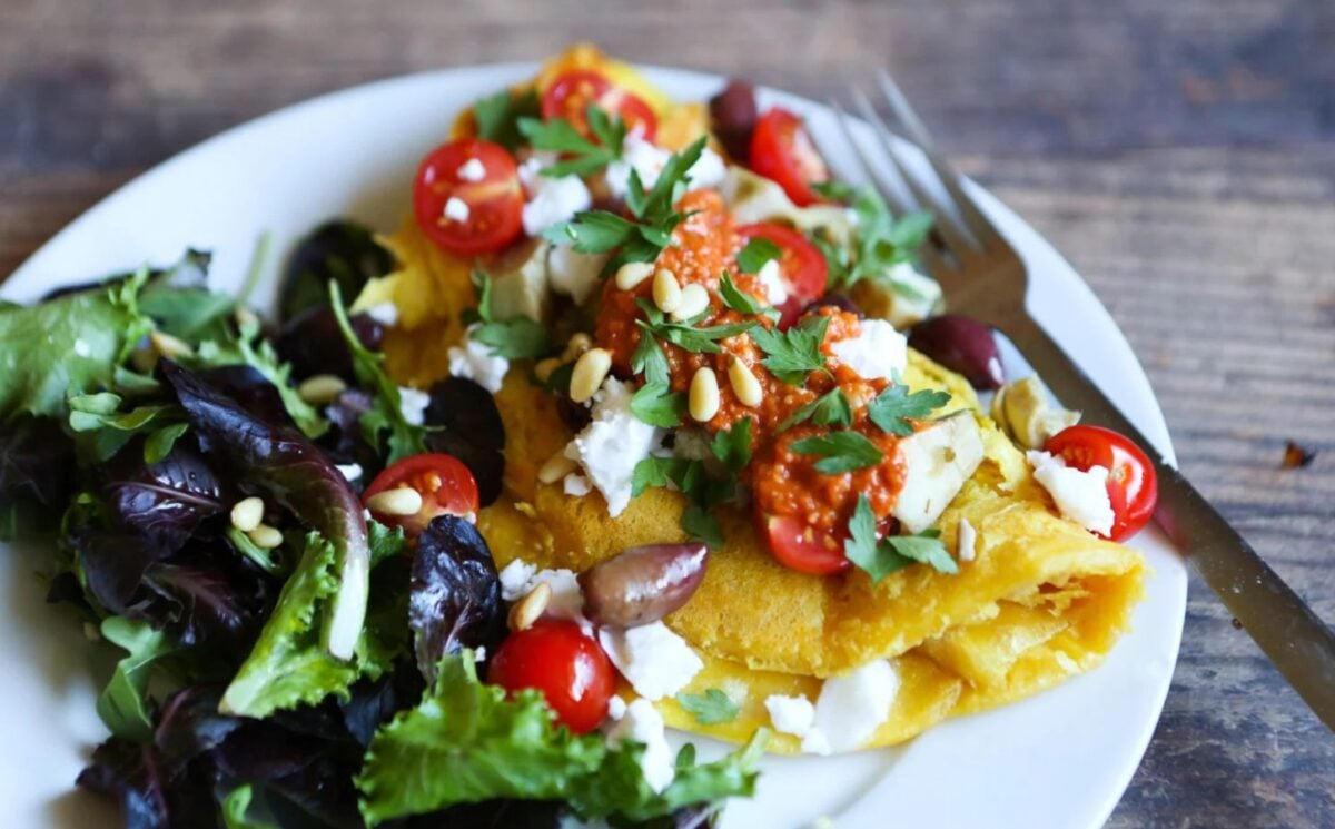 a mediterranean omelette made with chickpea flour for Mediterranean-inspired vegan recipes