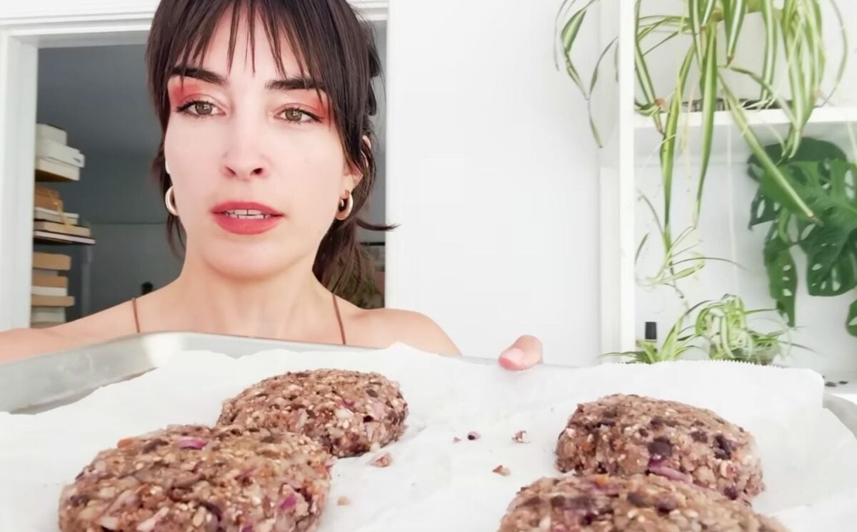 Merle O'Neal presenting the formed famous veggie burger patties