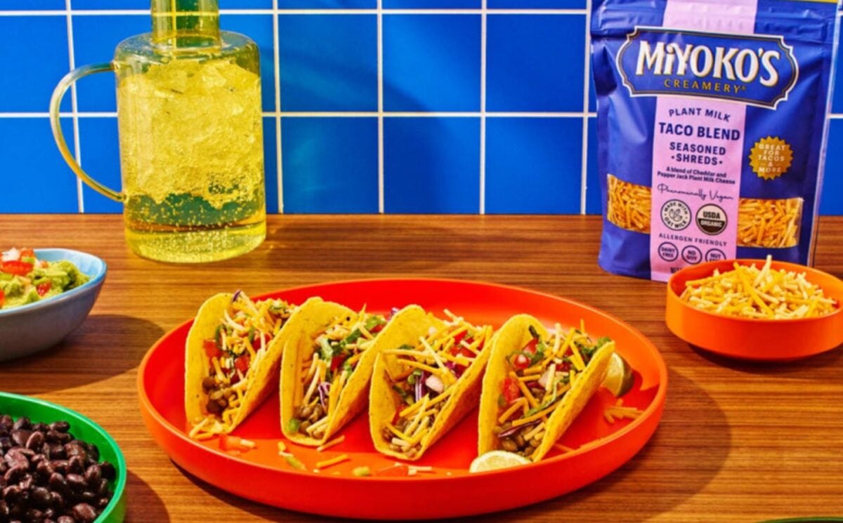 Photo shows the packaging for Oat Milk Taco Blend Seasoned Shreds, the newest vegan cheese from Miyoko's Creamery, as well as a selection of dishes featuring it, including tacos