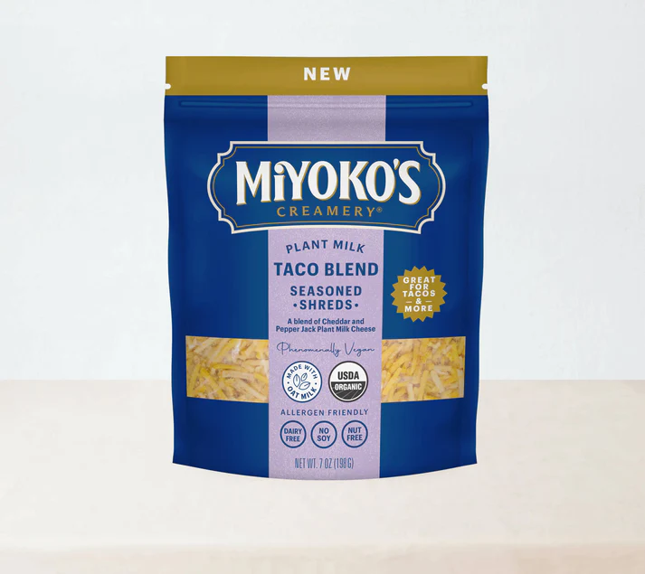 Photo shows the packaging for Oat Milk Taco Blend Seasoned Shreds, the newst vegan cheese from Miyoko's Creamery