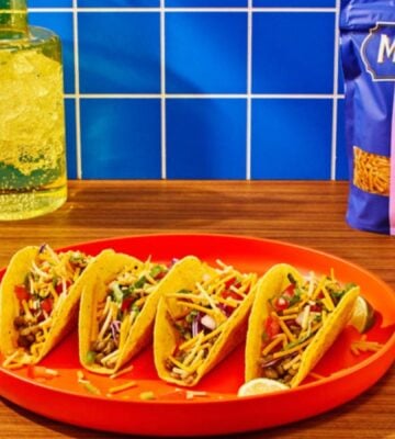Photo shows the packaging for Oat Milk Taco Blend Seasoned Shreds, the newest vegan cheese from Miyoko's Creamery, as well as a selection of dishes featuring it, including tacos