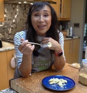 Miyoko Schinner eating vegan scramble made with mung beans