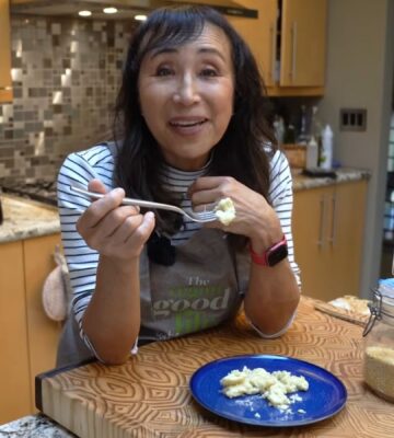 Miyoko Schinner eating vegan scramble made with mung beans