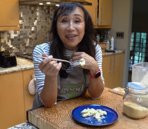 Miyoko Schinner eating vegan scramble made with mung beans