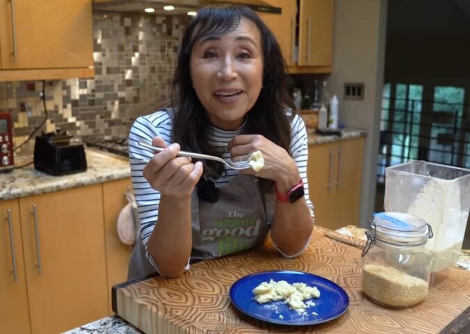 Miyoko Schinner eating vegan scramble made with mung beans