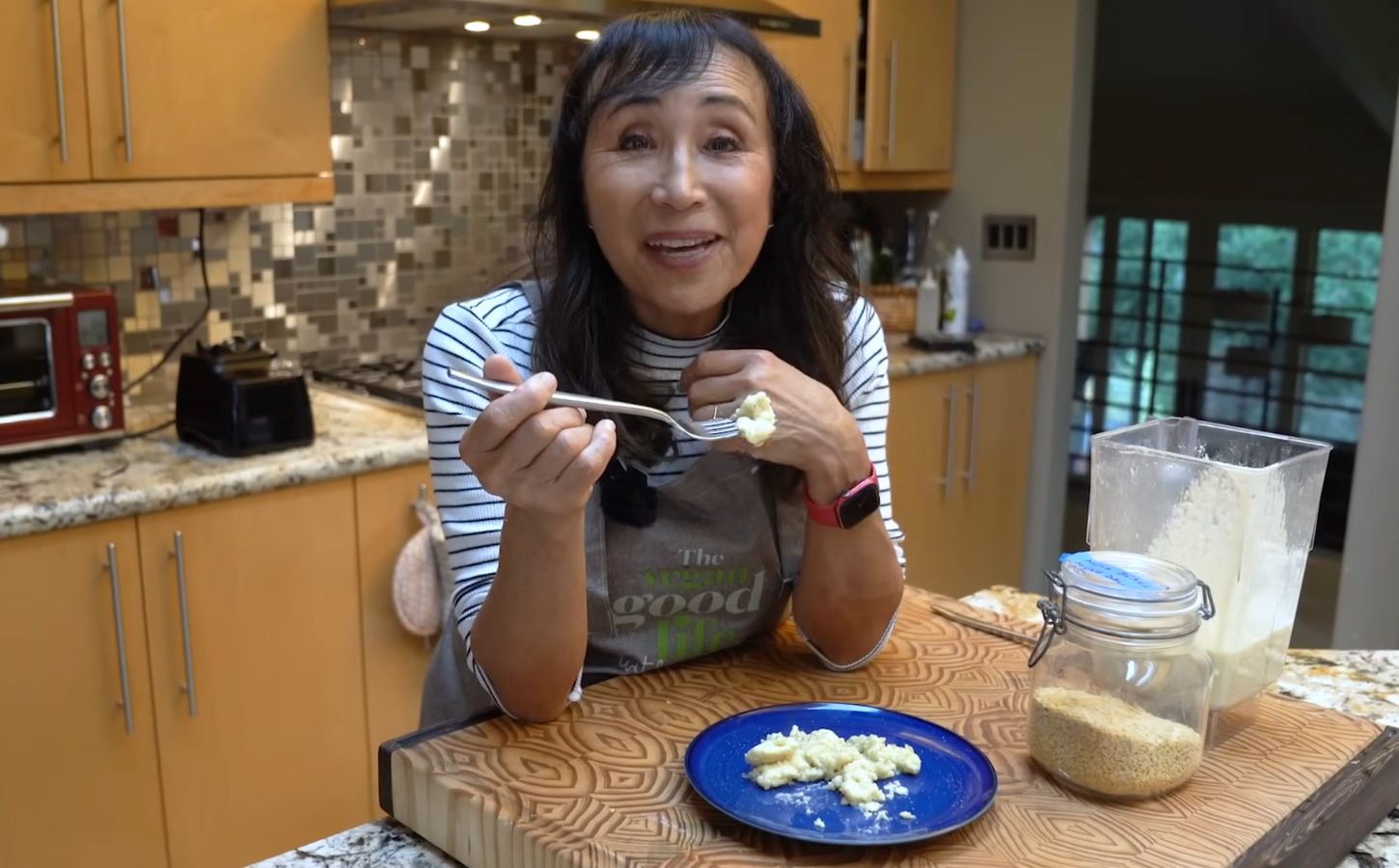 Miyoko Schinner eating vegan scramble made with mung beans
