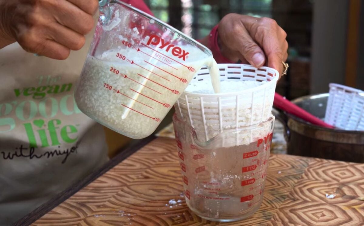 Miyoko's new vegan ricotta recipe with watermelon seeds being strained