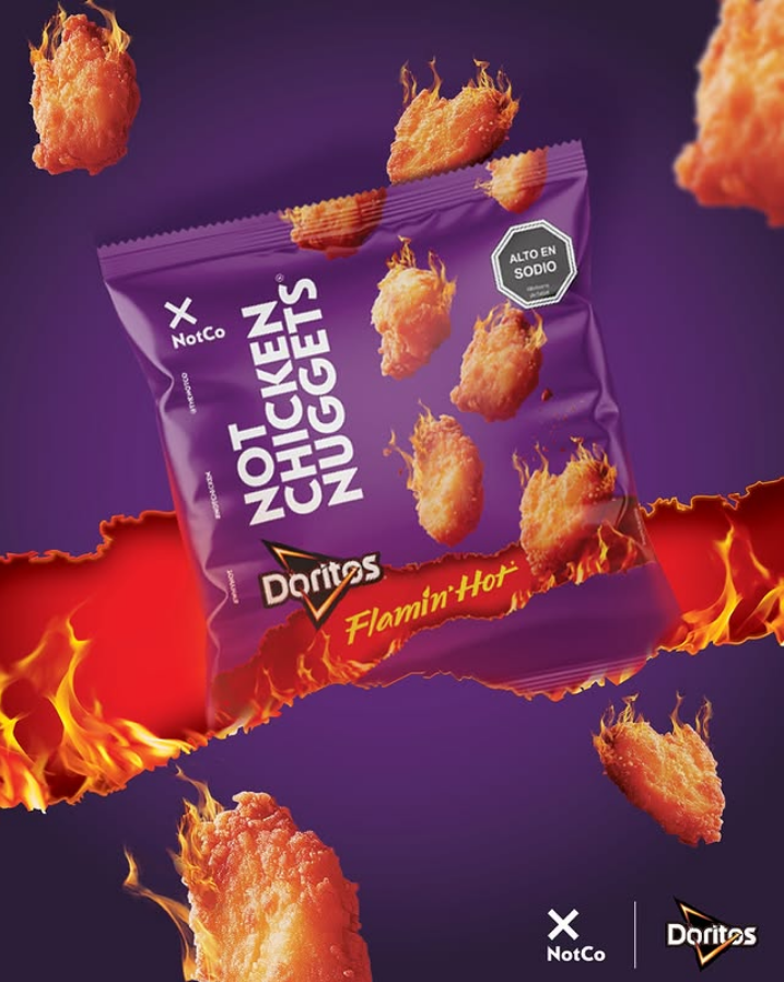 Photo shows the new NotCo x Doritos "Not Chicken Nuggets" in Flamin' Hot flavor
