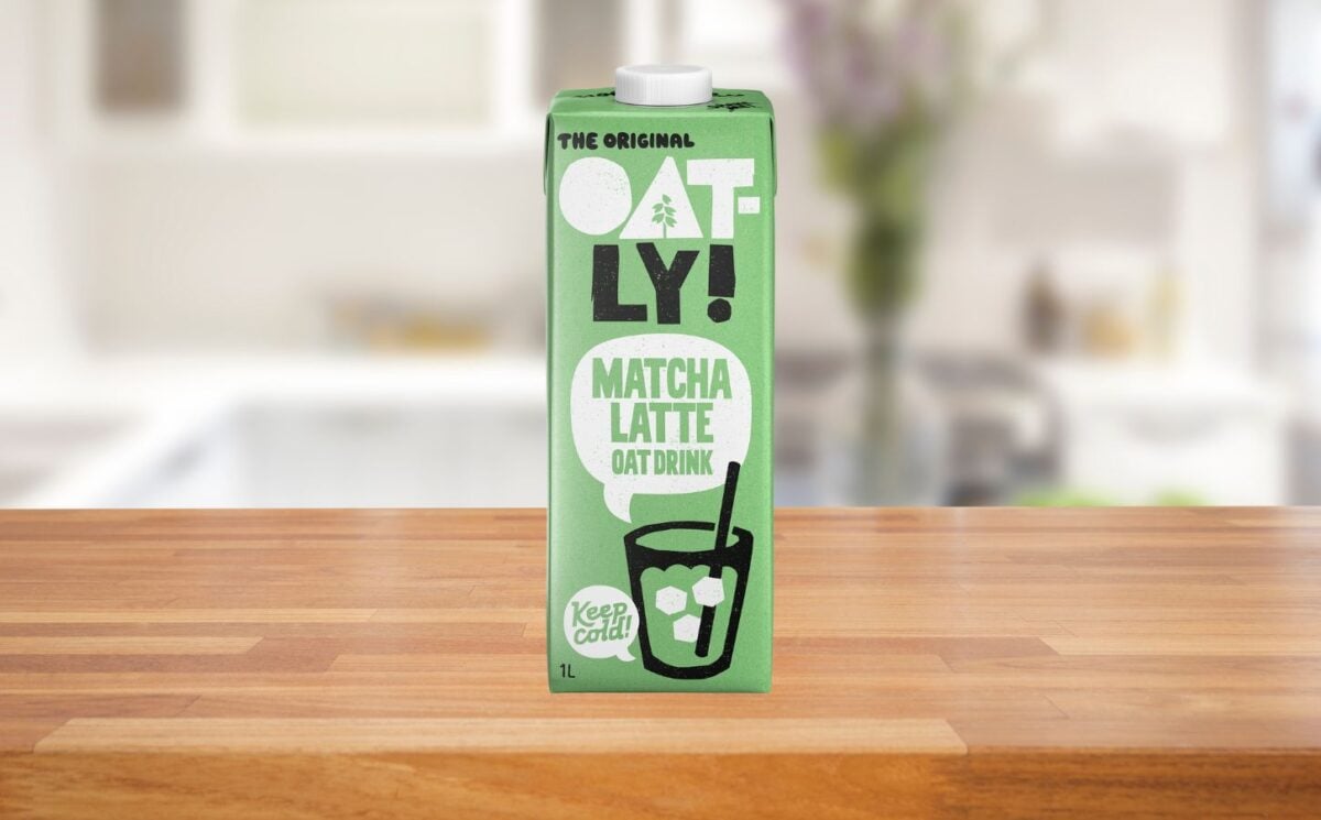 A carton of matcha latte oat drink