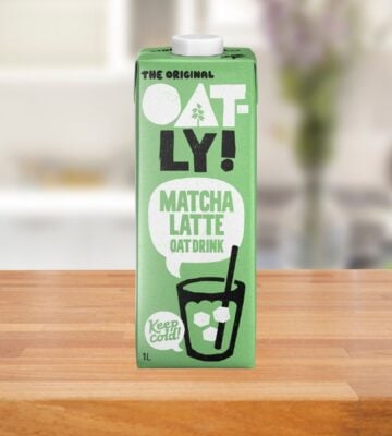 A carton of matcha latte oat drink