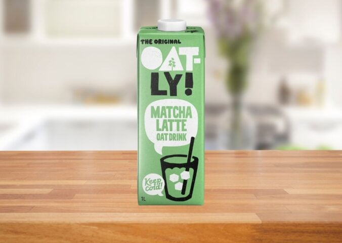 A carton of matcha latte oat drink