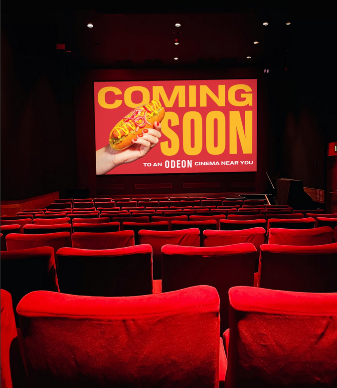 Photo shows a promotional image for the new Odeon Cinemas x Moving Mountains vegan hot dog collaboration, shared on Instagram