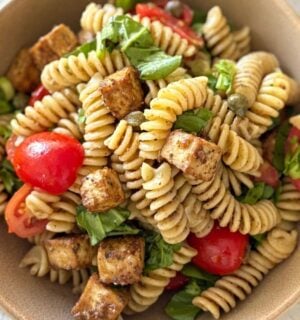 A bowl of olive paste pasta salad, a vegan pasta salad recipe