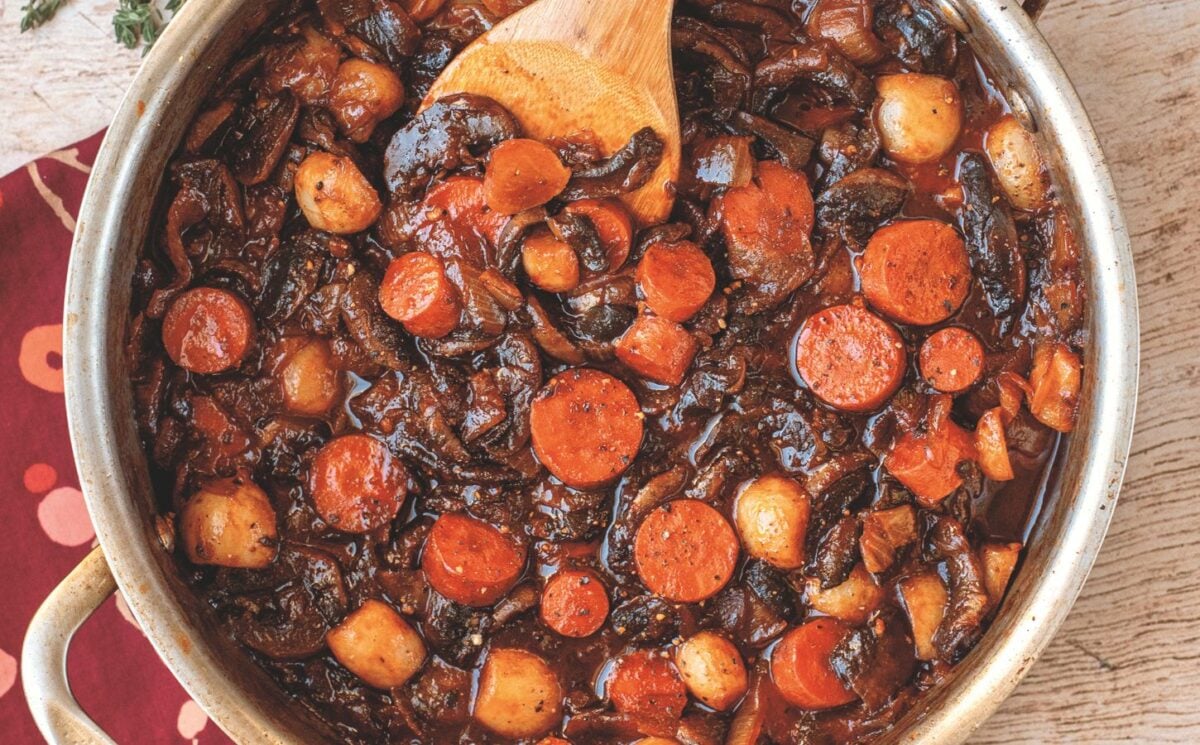 one-pot savory root vegetable stew with mushrooms and carrots