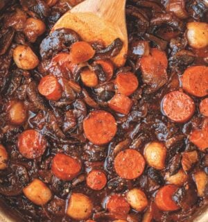 one-pot savory root vegetable stew with mushrooms and carrots