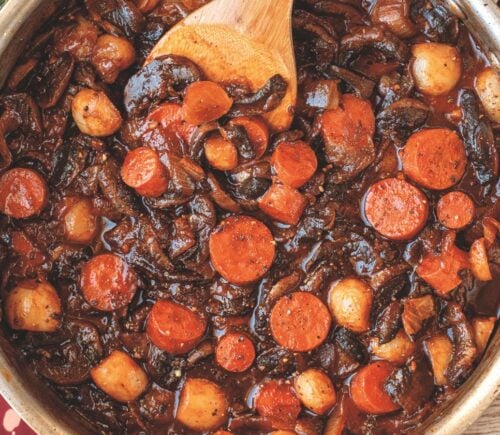 one-pot savory root vegetable stew with mushrooms and carrots