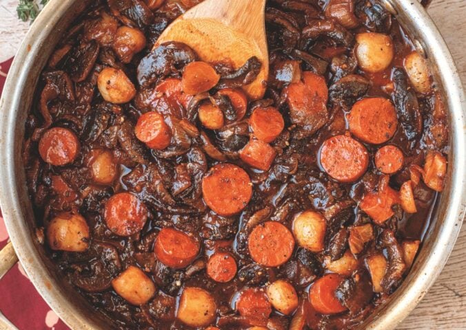 one-pot savory root vegetable stew with mushrooms and carrots