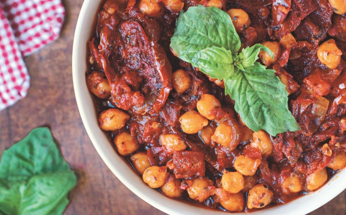 a bowl of one-pot sun-dried tomato and chickpea stew