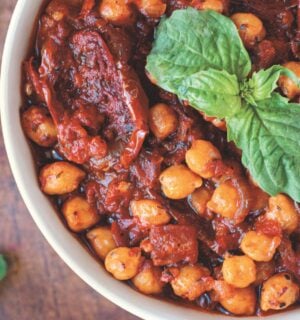 a bowl of one-pot sun-dried tomato and chickpea stew