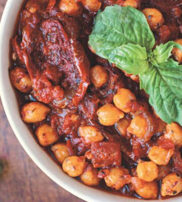 a bowl of one-pot sun-dried tomato and chickpea stew