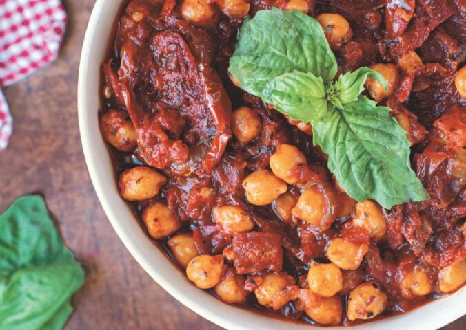 a bowl of one-pot sun-dried tomato and chickpea stew